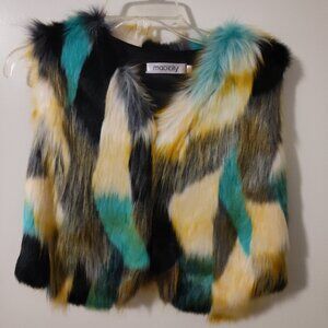 Size Med - Turquoise Yellow Cream Faux Fur Vest by Mao'City